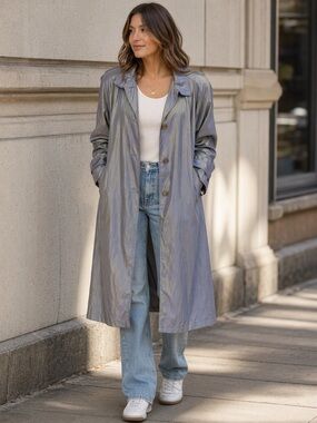 Vintage 80s Vision American Craftsman Iridescent Trench Coat Gray Blue Gold XL